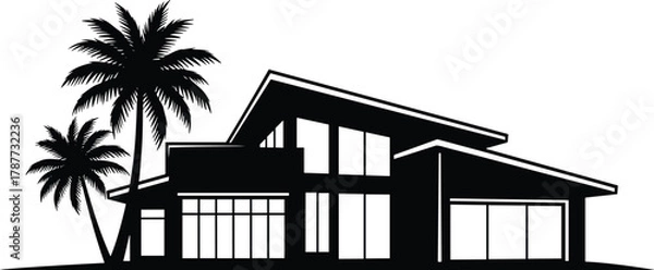 Obraz PrintModern tropical house silhouette, luxury beach villa illustration, contemporary architecture design, palm trees landscape, minimalist real estate logo concept vector