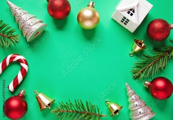 Fototapeta Flat lay of red and gold baubles, candy cane, glitter trees, white ceramic house, fir sprigs and tiny bells on green background