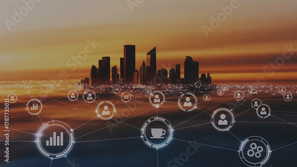 Fototapeta Dynamic city skyline with interconnected digital network of people, data, and business icons at sunset