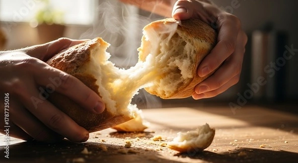 Fototapeta Hands Tearing Apart Freshly Baked Bread on Wooden Surface.