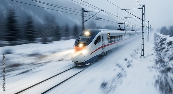 Fototapeta High-speed train hurtling through a snowy winter landscape.
