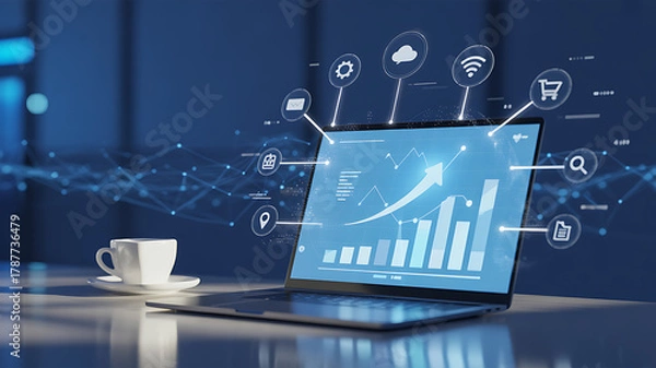 Fototapeta Dynamic digital analytics dashboard on laptop screen showcases business growth with upward arrow and icons, perfect for tech strategy and data insights