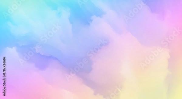 Fototapeta Soft pastel watercolor wash background with blended hues of blue pink and yellow