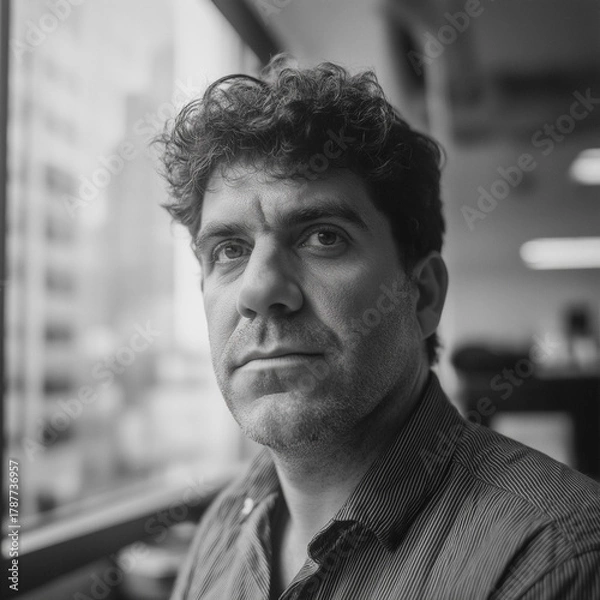 Fototapeta Black and white portrait of serious man with intense gaze, dramatic character photography