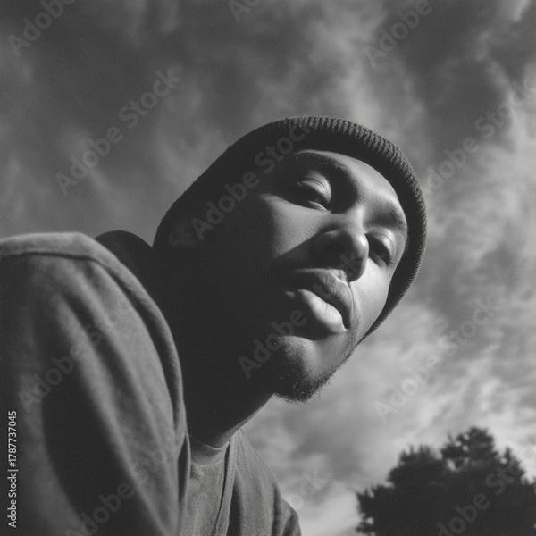 Fototapeta Black and white portrait of contemplative man, artistic moody fashion photography with lighting