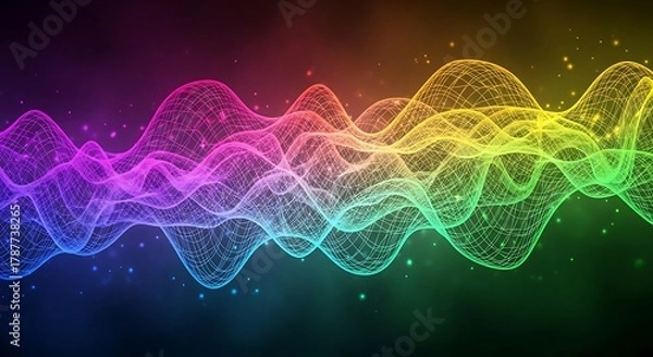 Fototapeta Vibrant rainbow spectrum sound wave visualization with abstract digital network overlay