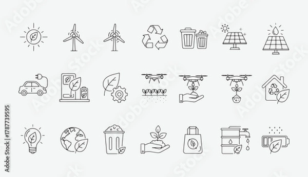 Obraz Green Energy and Ecology Line Icons Set – Sustainable Power, Renewable Resources, and Eco-Friendly Outline Vector Pack