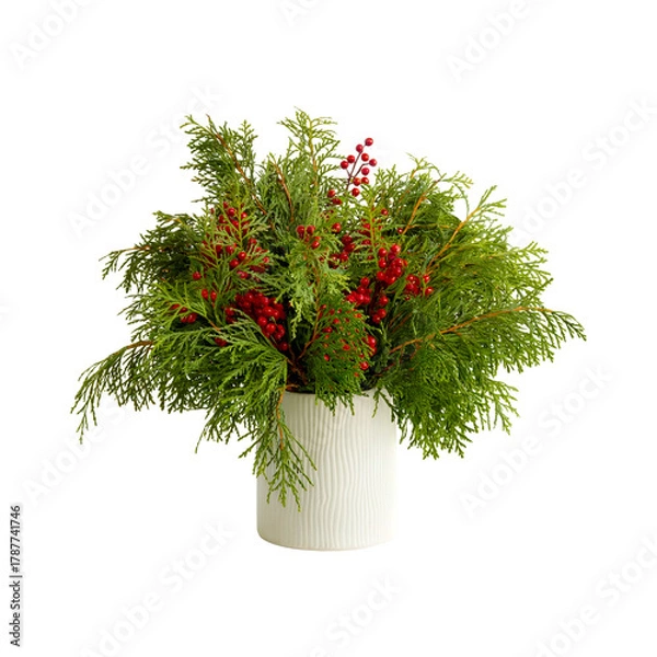 Fototapeta A vibrant arrangement of evergreen branches and bright red berries displayed in a ribbed white pot perfect for seasonal decor on transparent background