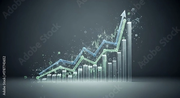Fototapeta A 3D rendering of a bar graph with upward trending lines, illustrating financial growth and positive economic performance in a sleek, modern design