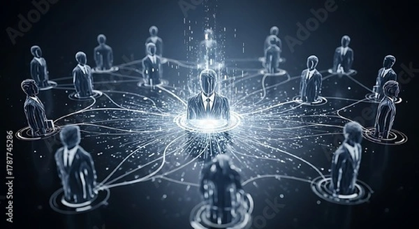 Fototapeta Abstract digital network of business people connected by glowing lines, representing a concept of global connection and leadership