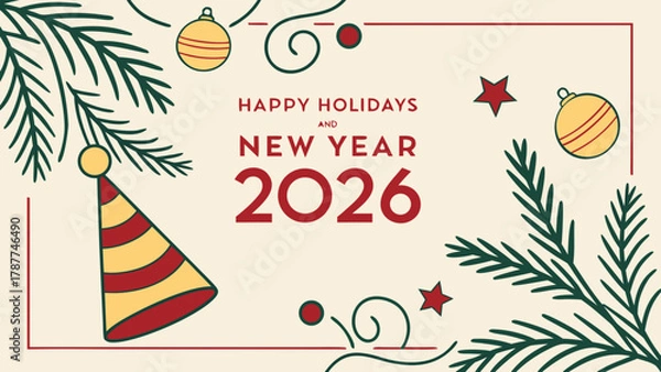 Obraz Christmas greetings card with Christmas tree , balloon's  Festive Happy Holidays and New Year 2026 Celebration Vector –.Modern Seasonal Greeting Design in white background