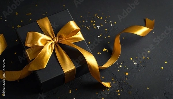 Fototapeta Elegant Black Gift Box with Golden Ribbon and Confetti.