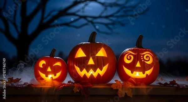 Fototapeta Three illuminated jack-o-lanterns glowing against a dark, spooky night backdrop.