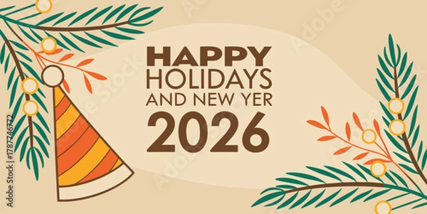 Obraz Christmas greetings card with Christmas tree , balloon's  Festive Happy Holidays and New Year 2026 Celebration Vector –.Modern Seasonal Greeting Design in brown green background