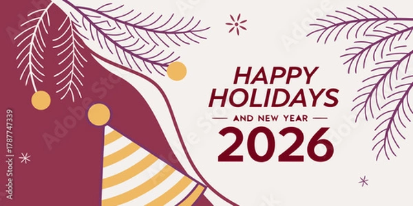 Obraz Christmas greetings card with Christmas tree , balloon's  Festive Happy Holidays and New Year 2026 Celebration Vector –.Modern Seasonal Greeting Design in purple background