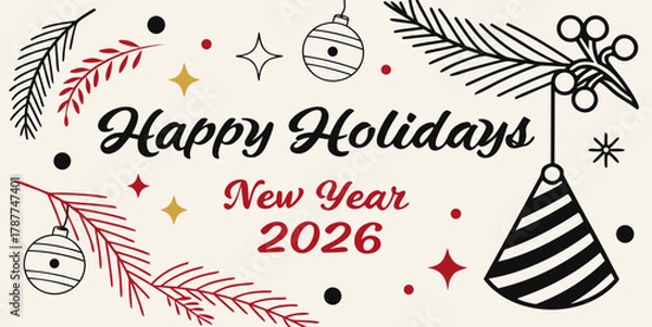 Obraz Christmas greetings card with Christmas tree , balloon's  Festive Happy Holidays and New Year 2026 Celebration Vector –.Modern Seasonal Greeting Design in black ,red white background