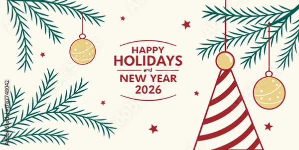 Fototapeta Christmas greetings card with Christmas tree , balloon's  Festive Happy Holidays and New Year 2026 Celebration Vector –.Modern Seasonal Greeting Design in white background