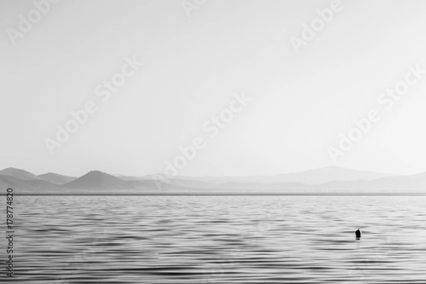 Obraz Wide and minimal view of a lake, with a small buoy on the water and distant hills, beneath a big, empty sky