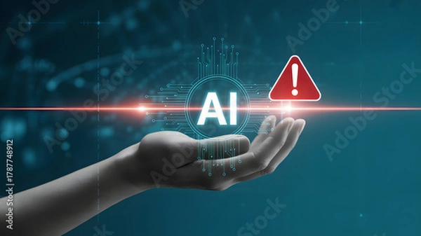 Fototapeta Hand holding AI symbol with warning alert signifies potential risks and ethical concerns in artificial intelligence development and implementation