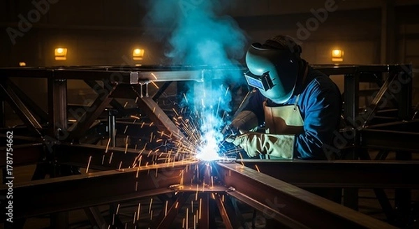 Fototapeta Welder at work with protective gear and sparks flying.
