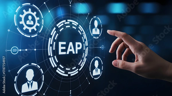 Fototapeta Human hand interacting with digital interface displaying EAP and employee icons symbolizing connection and business strategy