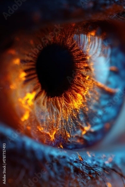 Fototapeta Vibrant and dramatic macro close-up of a human eye illuminated by blue and orange light