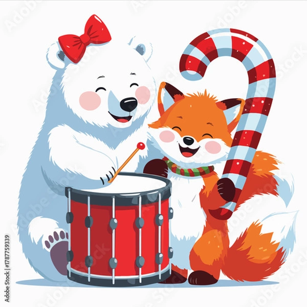 Fototapeta Polar bear playing drum shaped like a gift box