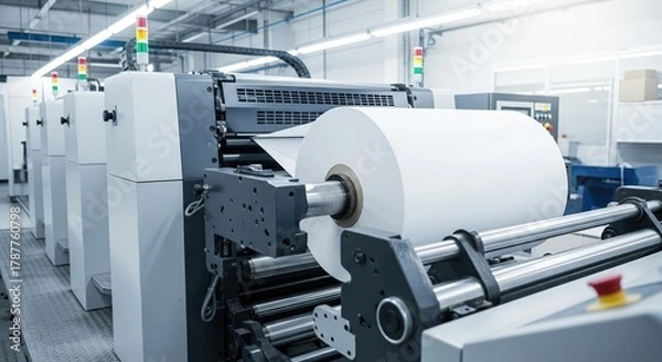 Fototapeta High-quality printing house machinery with large roll of white paper, showcasing advanced printing technology and equipment in a modern industrial environment for commercial printing