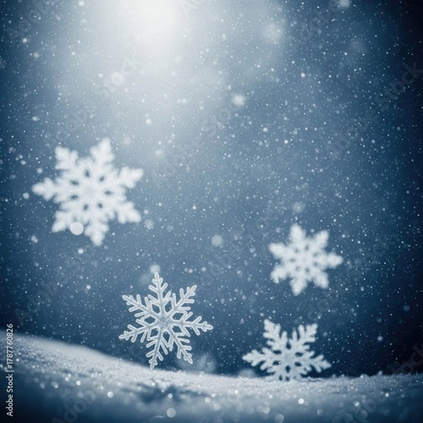 Obraz Ethereal snowflakes cascading on a gently illuminated, snowy landscape, evoking winter serenity