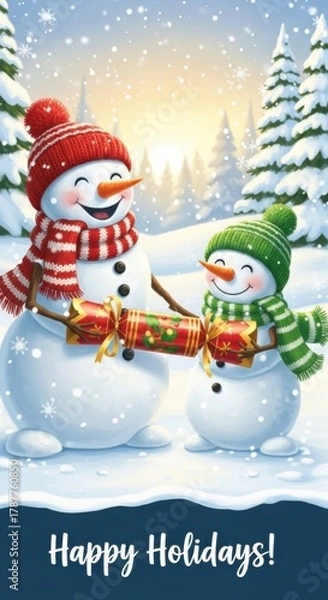 Obraz Joyful snowmen celebrating happy holidays with a festive cracker sharing moment