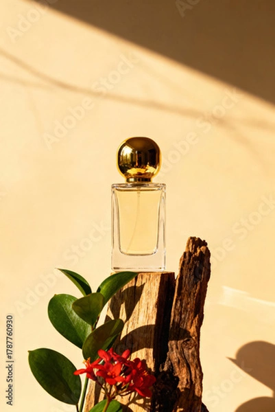 Fototapeta Perfume bottle with a golden lid on a warm background with a tree branch and flowers