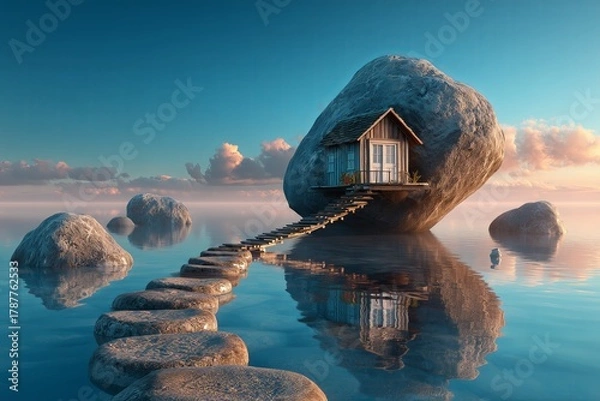 Fototapeta A tiny house perches atop a floating rock, connected by a bridge to stepping stones. The surreal scene symbolizes solitude, adventure, and imaginative freedom.