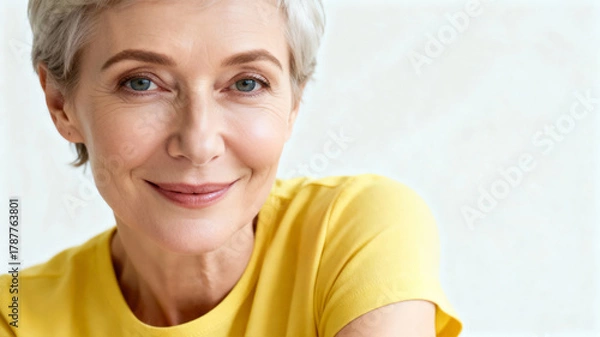 Obraz Photo of happy an Slavic senior female model, short hair, wearing yellow short sleeves, looking into the camera