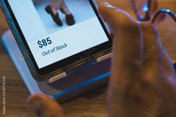 Fototapeta Mobile phone showing the product is out of stock on display. Selective focus, close-up image. Marketing strategy concept.