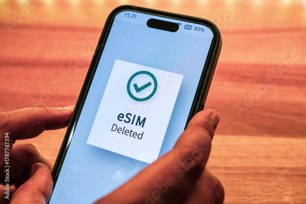 Fototapeta Woman successfully deleted embedded Sim or eSim from her phone. Close-up, selective focus.