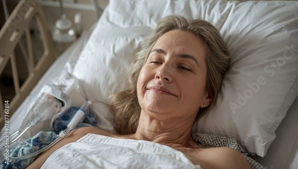 Fototapeta Elderly woman smiling while resting in hospital bed with IV line  