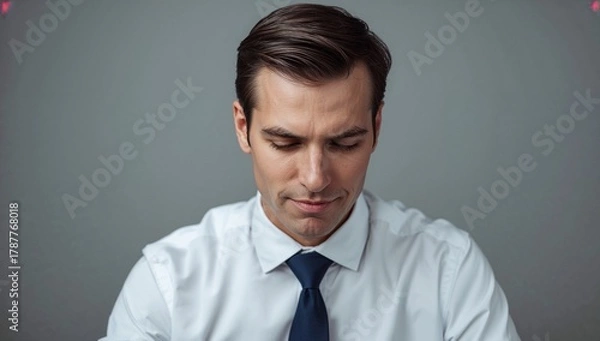 Fototapeta Businessman looking down with serious expression in studio setting  