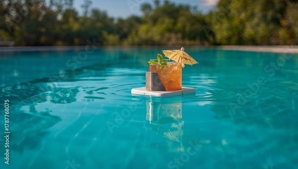 Obraz Drink floating in pool with umbrella and greenery background  