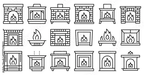 Fototapeta Cozy fireplace icon collection for winter and home decor, charming vector illustration