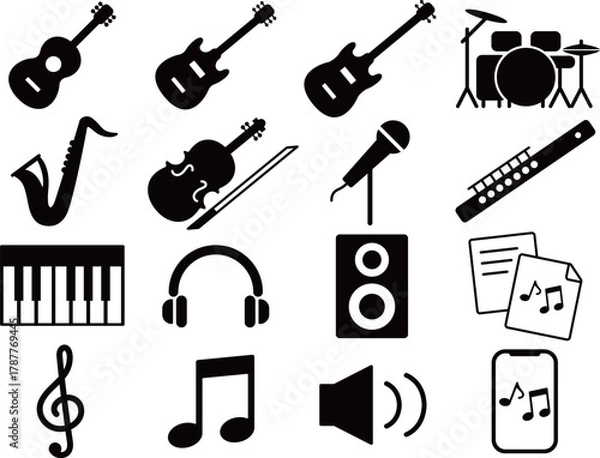 Obraz 音楽と楽器のアイコン16種セット　モノトーン