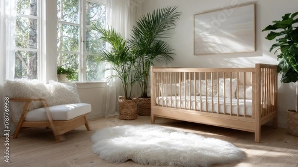 Obraz This serene minimalist nursery beautifully showcases a wooden crib surrounded by soft textures and natural light, promoting a peaceful environment for a child's restful moments and nurturing growth.
