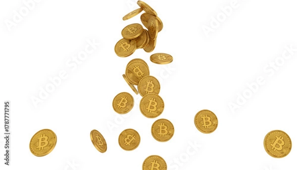 Obraz A collection of gold bitcoin coins falling on a white background with transparent background
