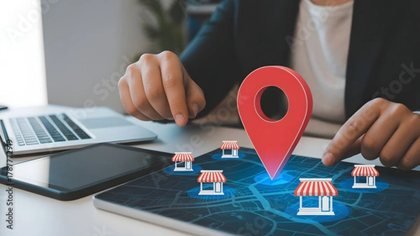 Fototapeta Business owner strategically plans expansion, locating new stores on digital map with pinpoint accuracy for growth and success.