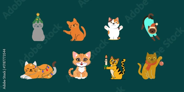Obraz Festive Cartoon Cats in Playful Holiday Costumes – Flat Vector Set on Dark Teal Background for Christmas and Celebration Themes