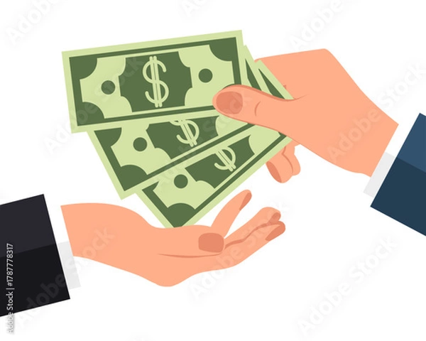 Fototapeta Hand holds a lot of money banknote giving them to another. How to get rich. A question that worries many. Vector illustration.