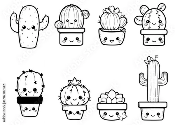 Obraz Cute Cactus coloring page. Coloring activity for kids. Simple cute kid drawing. Contour image of cactus scribble for coloring for adults.
