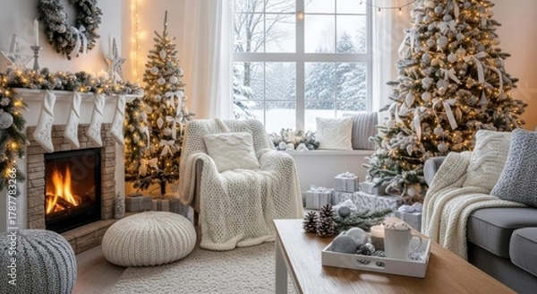 Obraz Charming winter holiday living space adorned with glowing Christmas trees, a roaring fireplace, and soft blankets, evoking a sense of warmth and festive joy