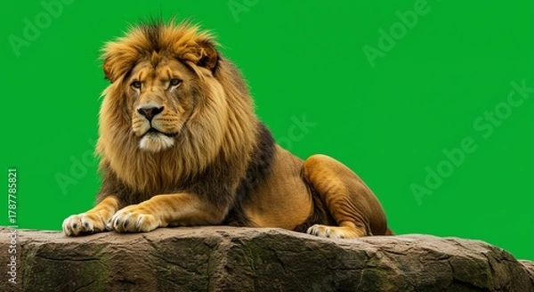Fototapeta Majestic Lion Resting Isolated on Green Screen Background Portrait
