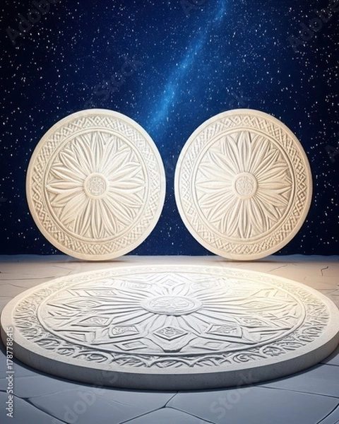 Obraz Two White Ornate Circles on Starry Night Background with Detailed Geometric Pattern and Cosmic Theme Creating a Mystical Three Dimensional Render