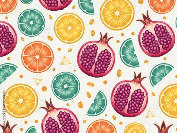 Fototapeta A vibrant, repeating pattern design of tropical fruits and citrus slices on a white background.